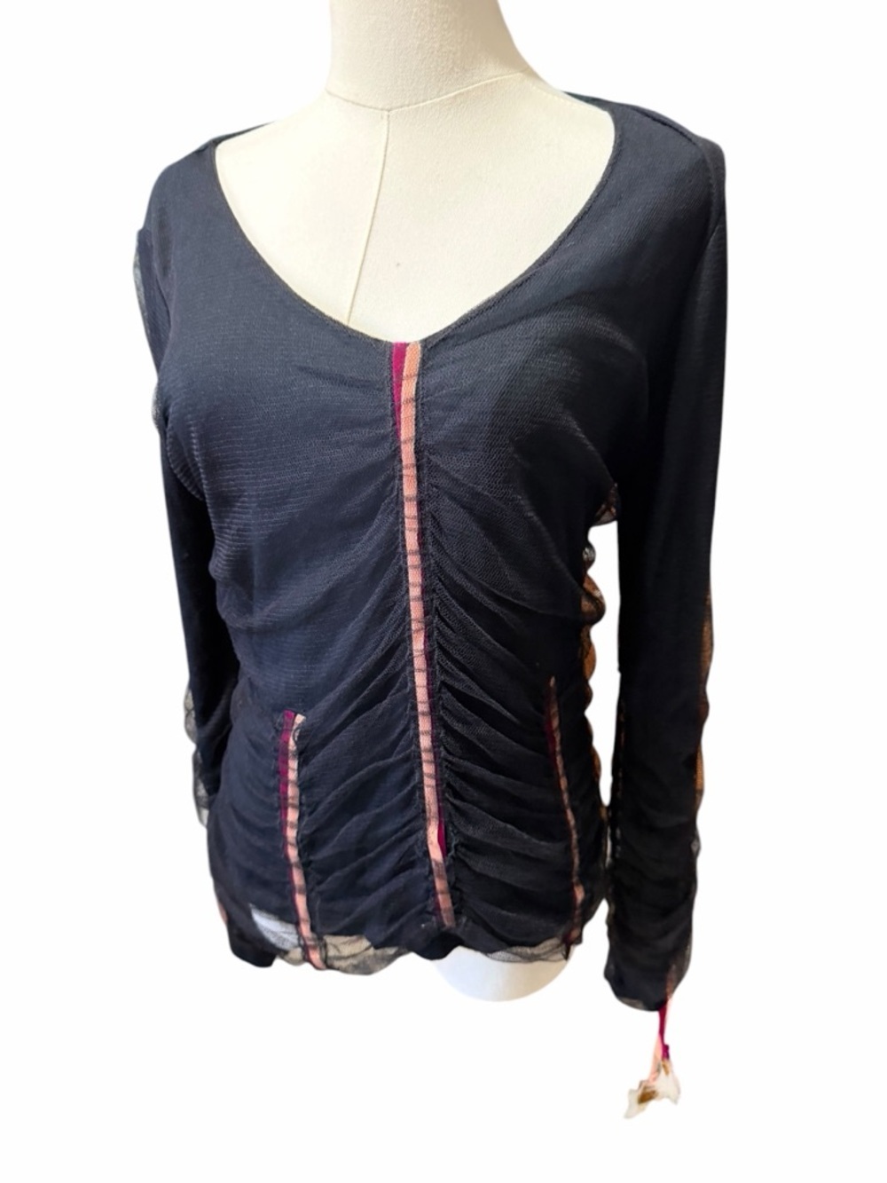 Roberta Scarpa Wool Silk Blend Black Ruched Long-Sleeve Pink Stripe Detail Sz 10 - Picture 2 of 14
